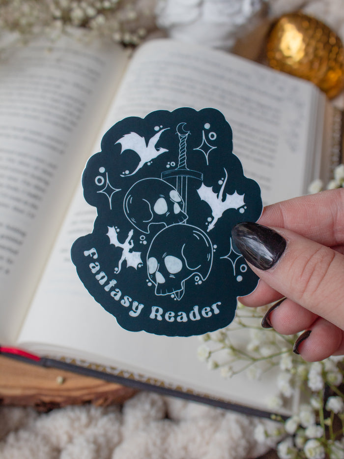 Fantasy Reader Skull and Sword Waterproof Sticker | Teal | 3"x2.6"