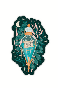 Spark Of The Everflame Henri's Tears Potion Sticker from the Kindred's Curse Saga by Penn Cole. This officially licensed sticker has a dark teal background, with a diamond shaped potion, light teal contents, surrounded by various shades of teal and pink foliage, stars, a crescent moon, and lil magical bubbles.