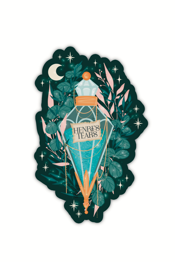Spark Of The Everflame Henri's Tears Potion Sticker from the Kindred's Curse Saga by Penn Cole. This officially licensed sticker has a dark teal background, with a diamond shaped potion, light teal contents, surrounded by various shades of teal and pink foliage, stars, a crescent moon, and lil magical bubbles.