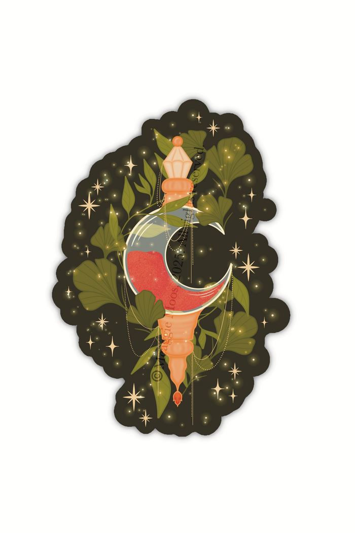 Flameroot waterproof sticker from Spark of the Everflame by Penn Cole from the Kindred's Curse Saga. A moon shaped bottle with red contents surrounded by foliage and magical bubbles, on a dark green solid background.