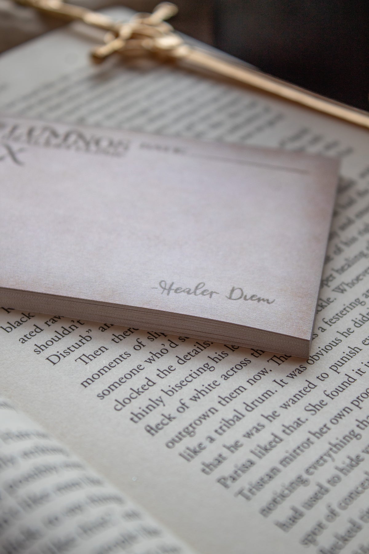 Spark of The Everflame Lumnos Healers Clinic RX Notepad. Inspired by the Kindreds Curse Saga by Penn Cole. This licensed 3"x4" post-it notepad looks like aged parchment, and has "Lumnos Healers Clinic - RX"  and a date line along the top then its signed off by Diem on the bottom corner.