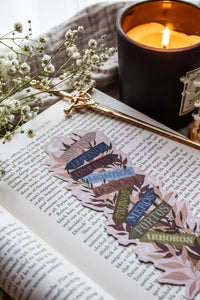 This Spark of the Everflame Emarion Location Sign Bookmark has a wooden post with arrows pointing in different directions in various earth tone shades. The arrows are each labeled with one of the realms of Emarion. The bookmark has a light taupe background and there is foliage in pink and maroon surrounding the sign.