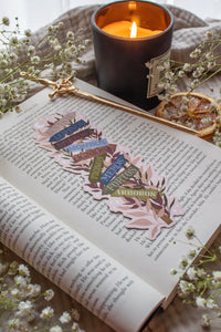 This Spark of the Everflame Emarion Location Sign Bookmark has a wooden post with arrows pointing in different directions in various earth tone shades. The arrows are each labeled with one of the realms of Emarion. The bookmark has a light taupe background and there is foliage in pink and maroon surrounding the sign.
