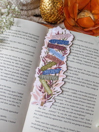 This Spark of the Everflame Emarion Location Sign Bookmark has a wooden post with arrows pointing in different directions in various earth tone shades. The arrows are each labeled with one of the realms of Emarion. The bookmark has a light taupe background and there is foliage in pink and maroon surrounding the sign.