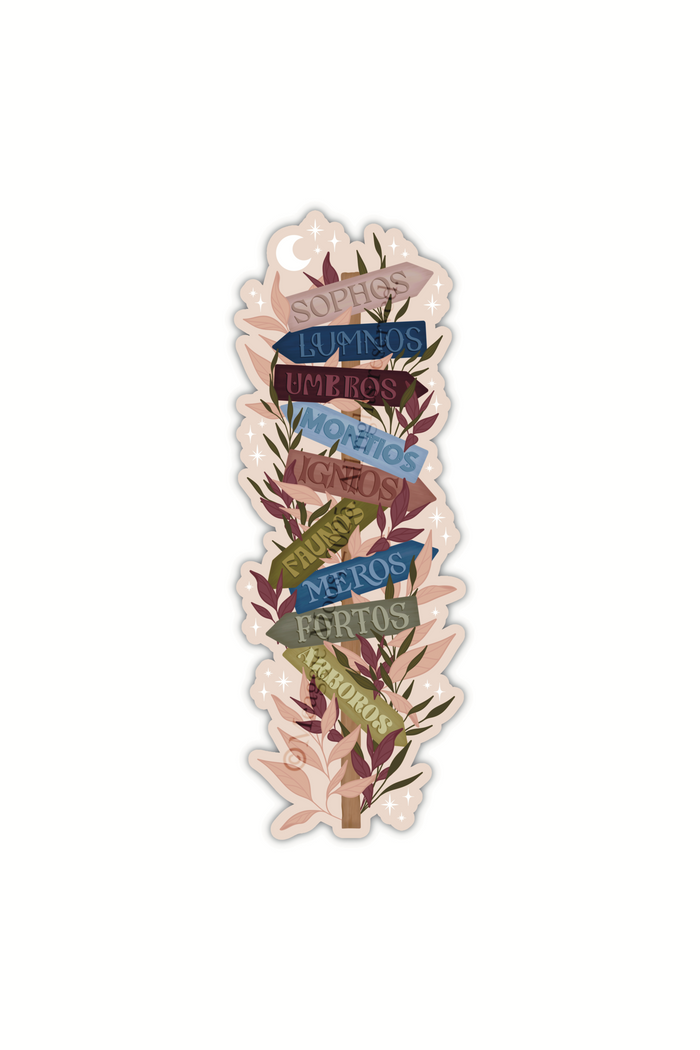 Spark of the Everflame Emarion Realms Location Sign Sticker, from the Kindred's Curse Saga by Penn Cole. This officially licensed sticker shows a location sign with different realms on wooden arrows pointing in different directions. A solid sticker with a beige background.