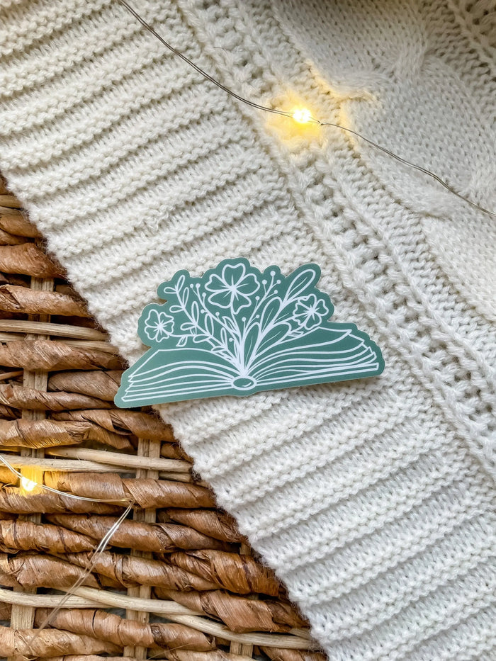 Floral Book Waterproof Sticker | Green | 3" x 1.59"