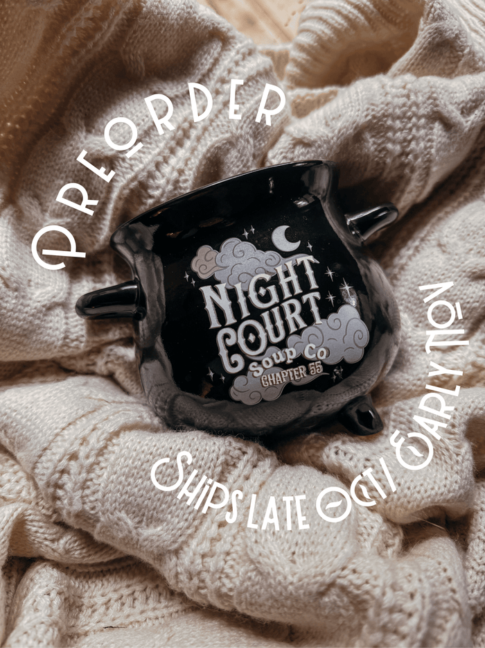 This ACOTAR Night Court Soup Co - Chapter 55 Soup Mug is black and shaped like a cauldron with the text across the front / center. It has a 22oz capacity, so she's big babes. Inspired by A Court of Thorns and Roses by Sarah J Maas