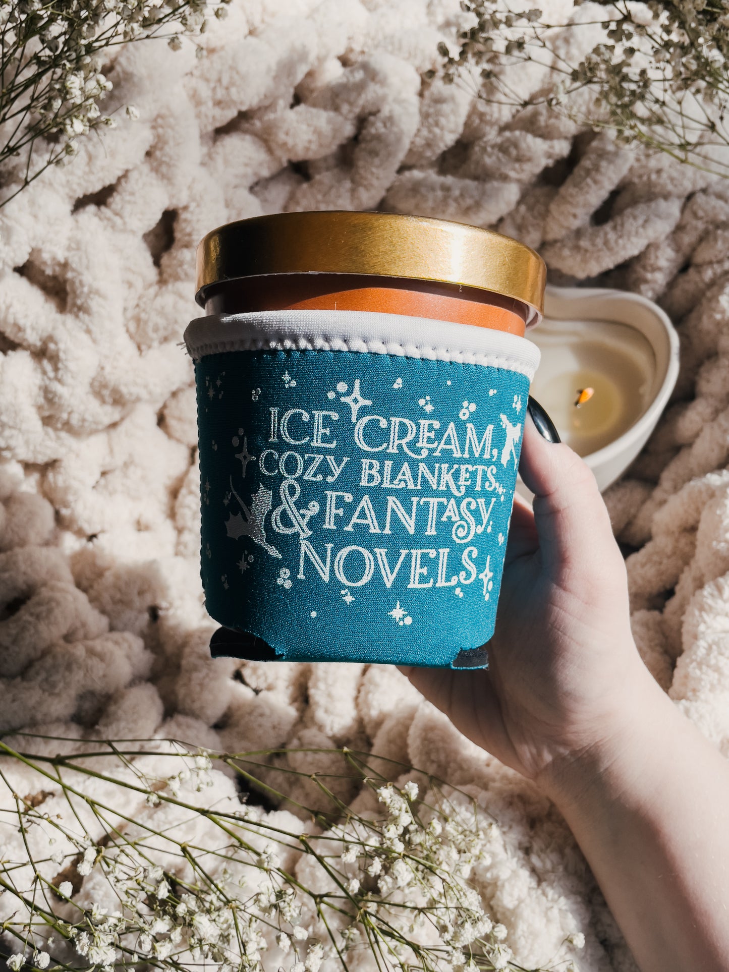 Ice Cream, Cozy Blankets & Fantasy Novels Ice Cream Pint Sleeve | Teal