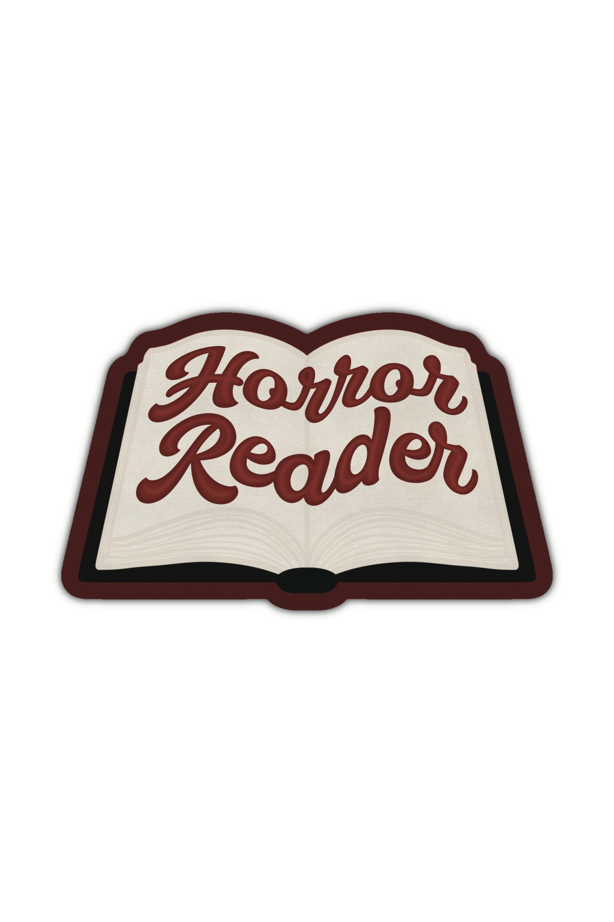 An open book with "Horror Reader" written on in in a retro script. Sticker shown on a white background