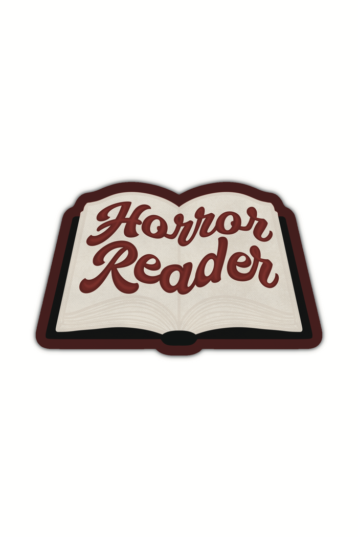 An open book with "Horror Reader" written on in in a retro script. Sticker shown on a white background
