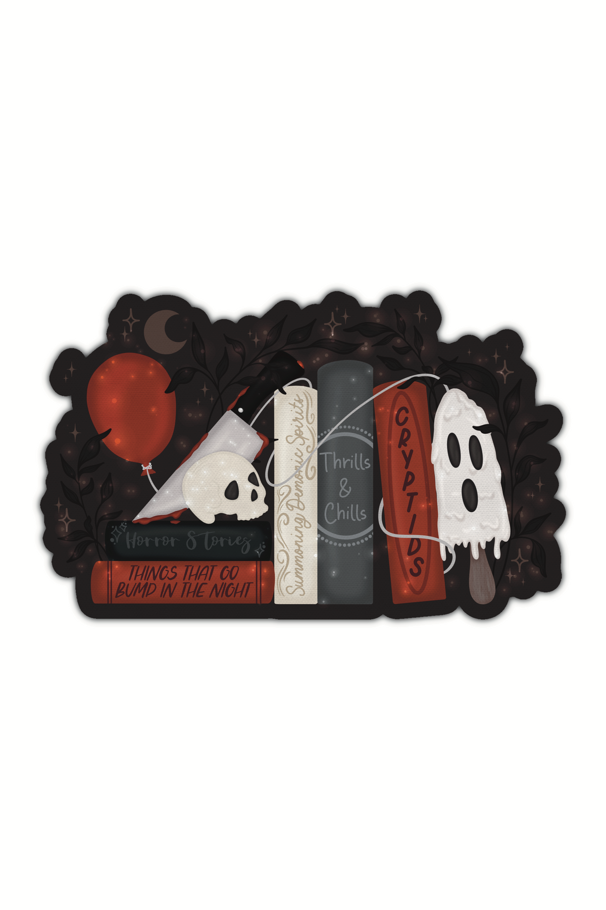 A horror reader themed bookshelf, with a scream-faced ghost, a skull, knife, and red balloon surrounding a stack of books with fun titles like "things that go bump in the night", "Cryptids", "Thrills & Chills", "Horror Stories", and "Summoning demonic spirits". 
Shown on a white background