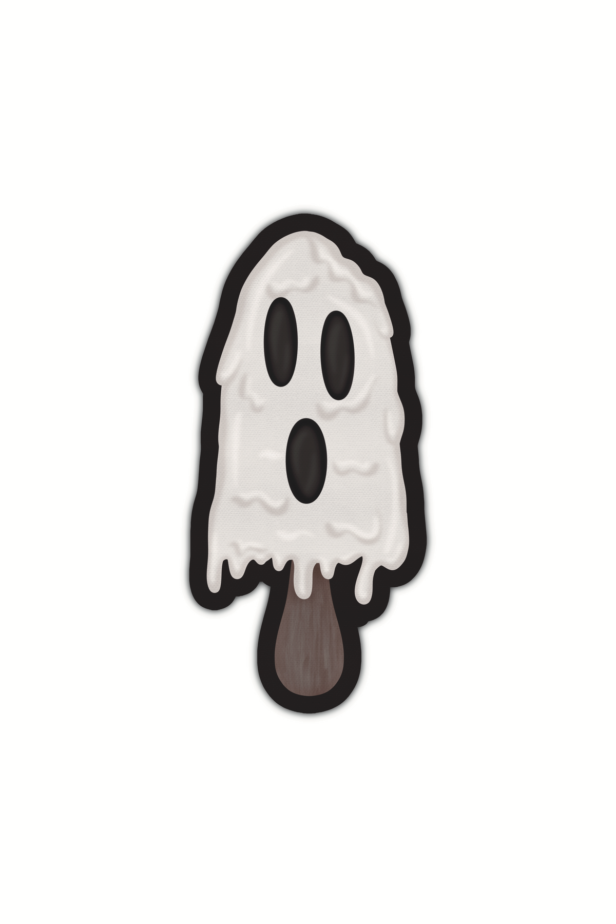 A melting white popsicle that looks like a lil ghost with a scream-face. Shown on a white background