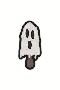 A melting white popsicle that looks like a lil ghost with a scream-face. Shown on a white background