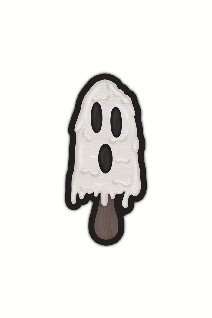 A melting white popsicle that looks like a lil ghost with a scream-face. Shown on a white background