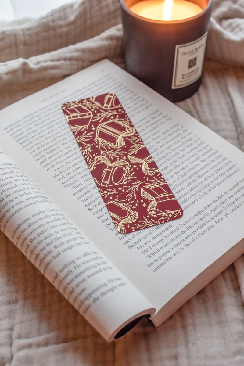 Gold Foil Crimson Bookmark | Floating Books
