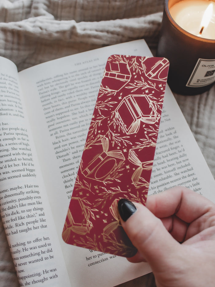 Gold Foil Crimson Bookmark | Floating Books