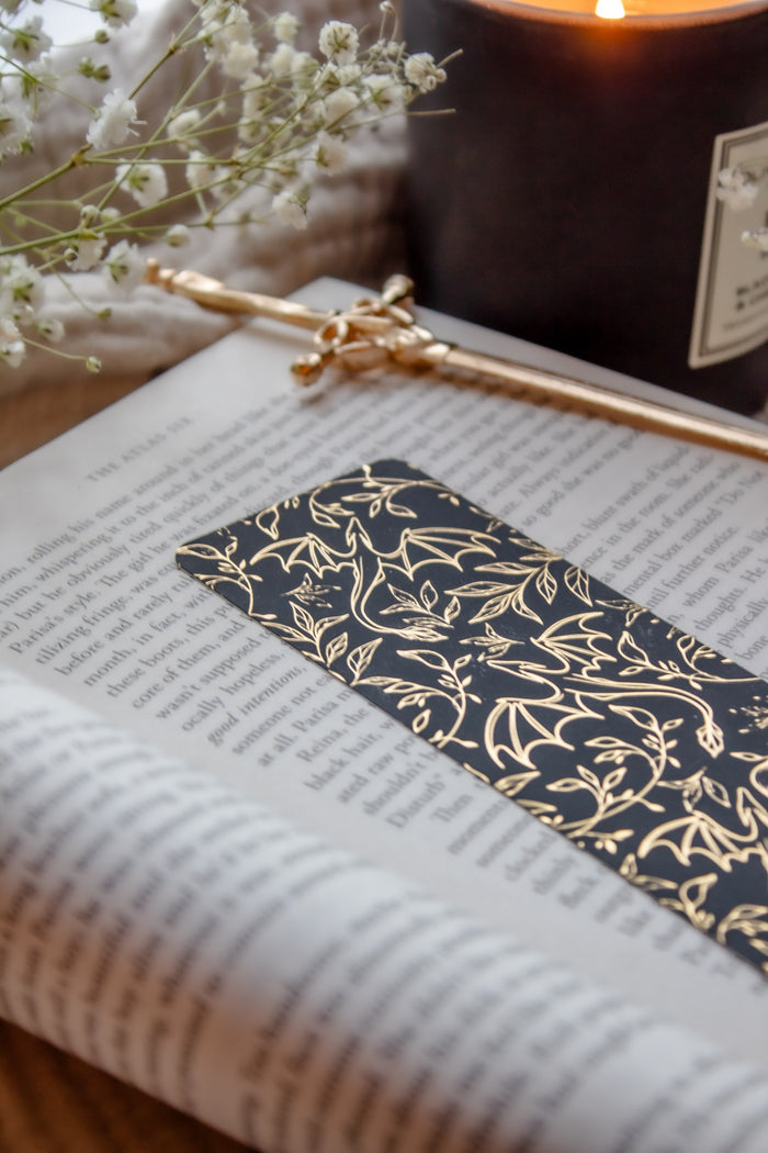 Gold Foil Deep Teal Bookmark | Floral Dragons