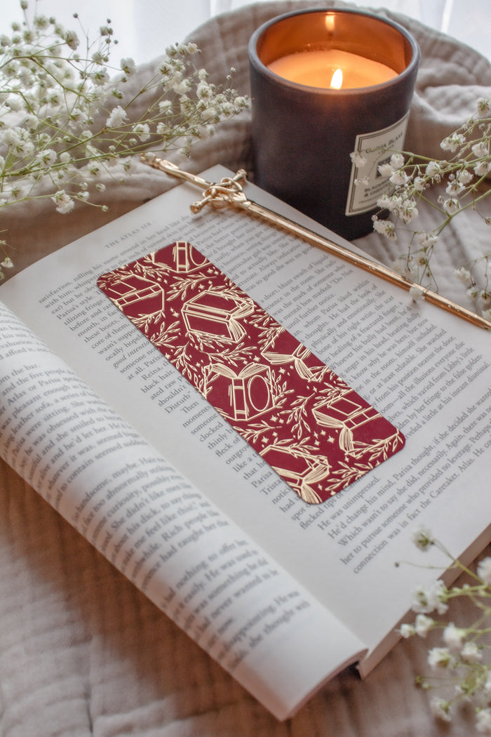Gold Foil Crimson Bookmark | Floating Books