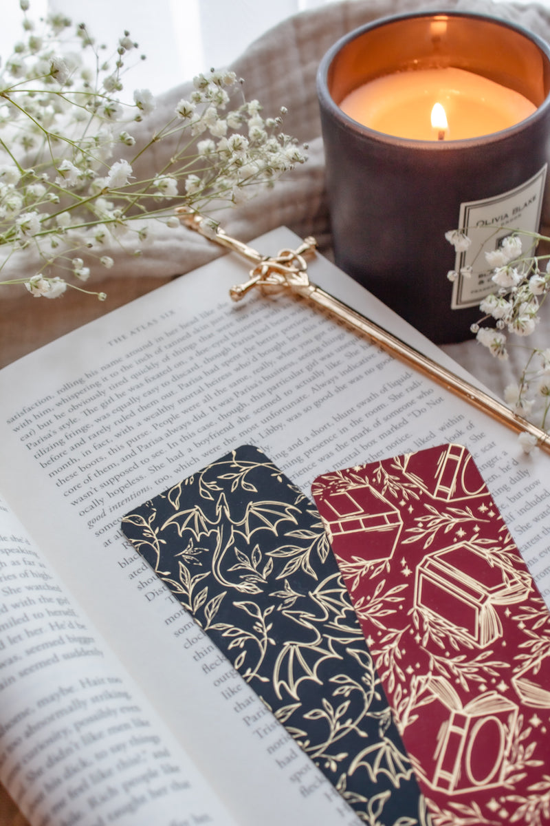 Gold Foil Deep Teal Bookmark | Floral Dragons