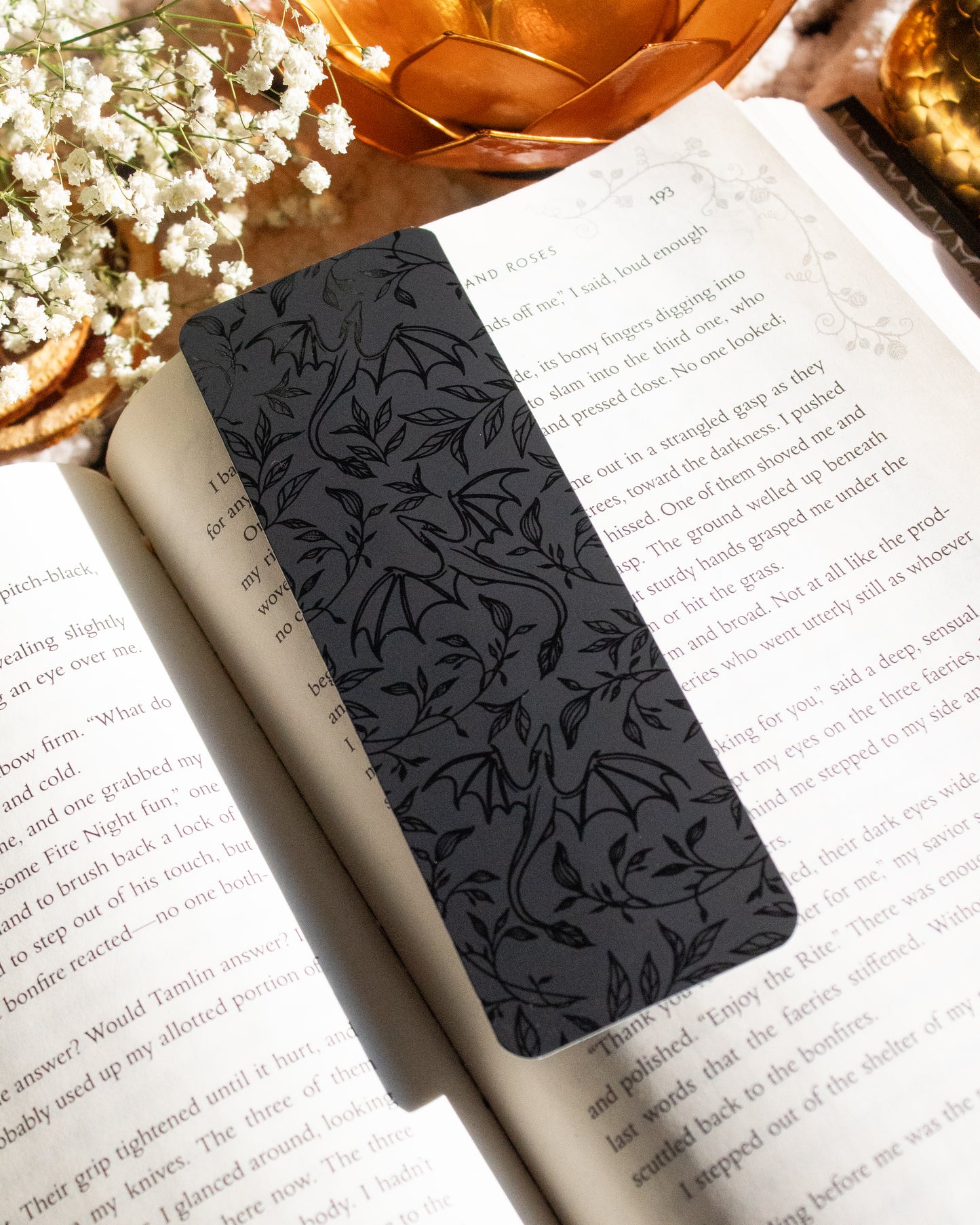 Black on Black UV Coated Bookmark | Floral Dragons