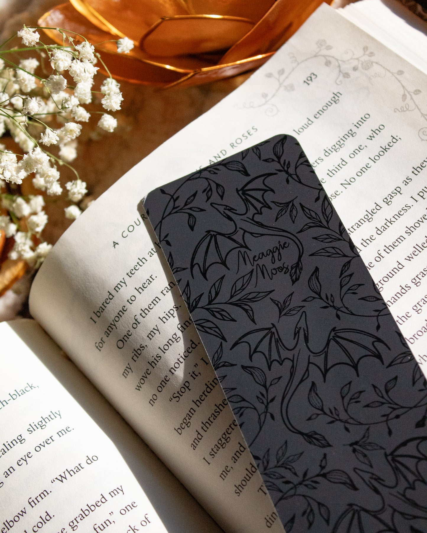 Black on Black UV Coated Bookmark | Floral Dragons