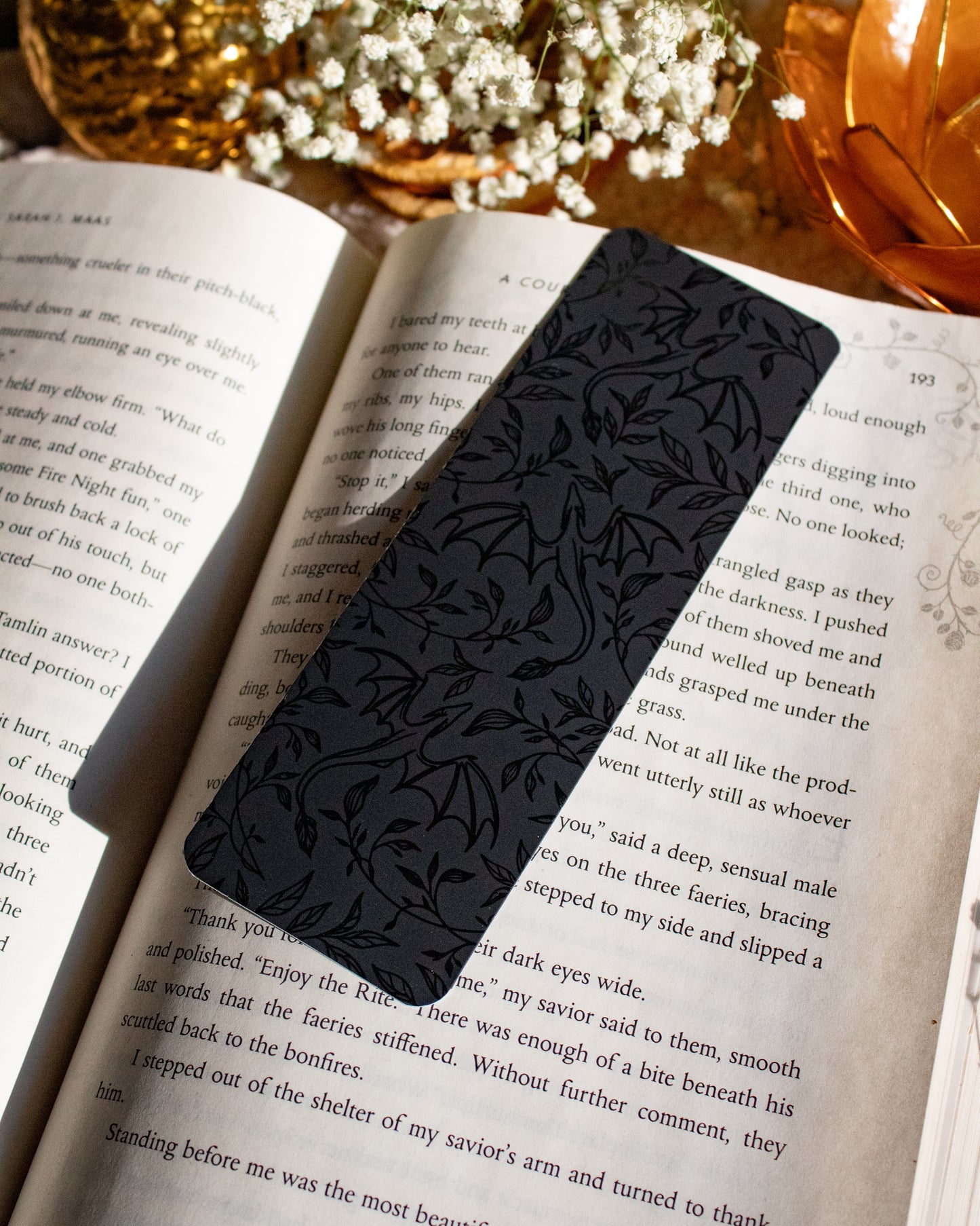 Black on Black UV Coated Bookmark | Floral Dragons