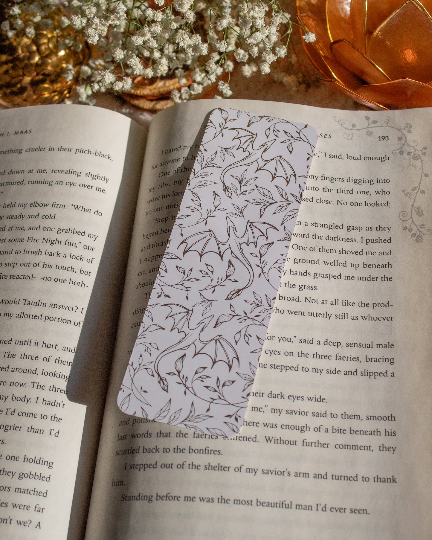 Gold Foil White Bookmark | Floral Dragons