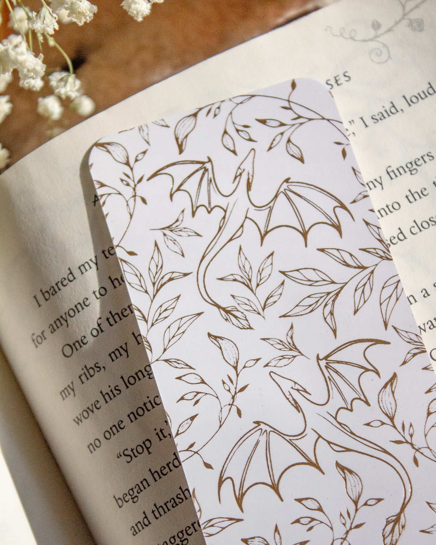 Gold Foil White Bookmark | Floral Dragons