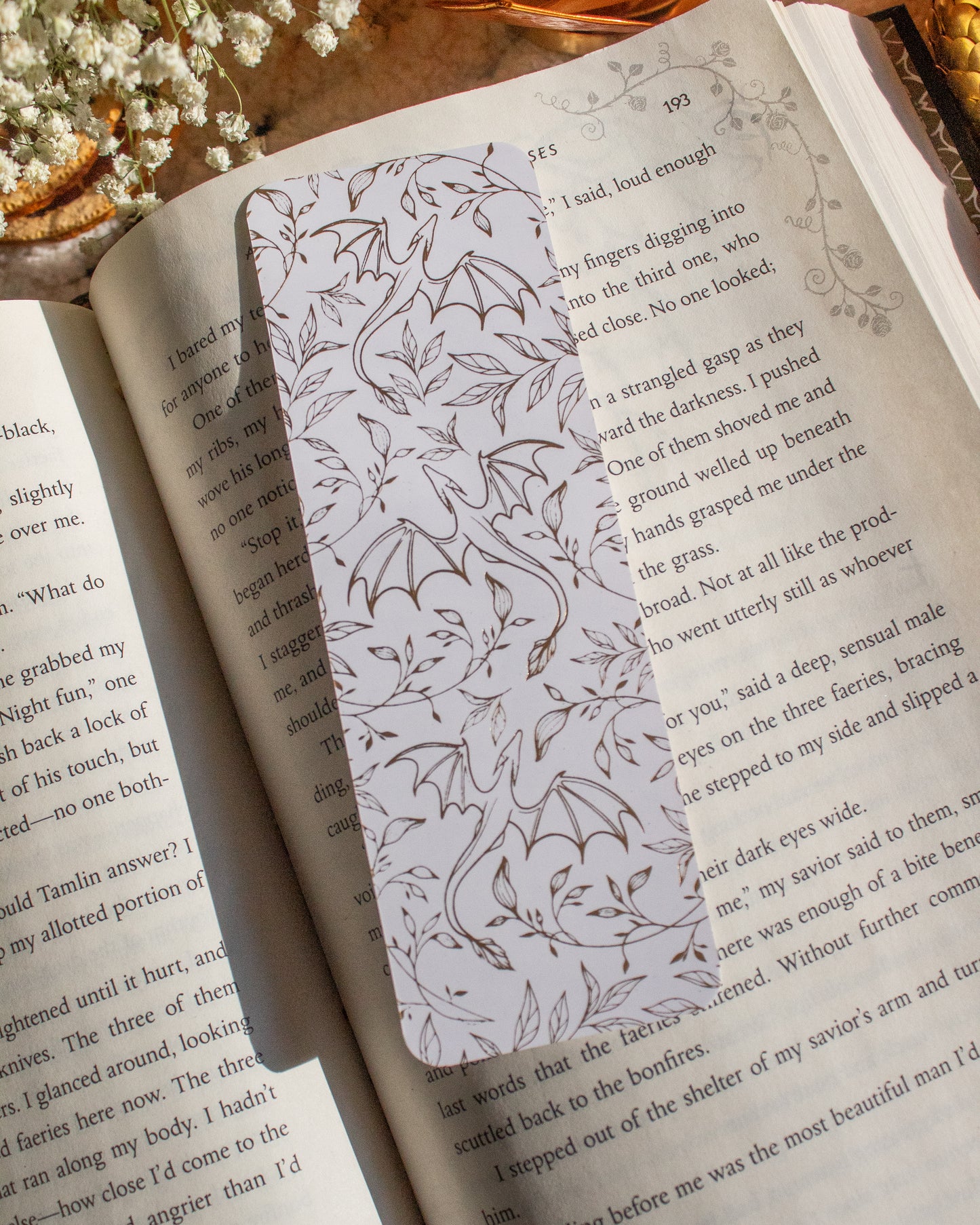 Gold Foil White Bookmark | Floral Dragons