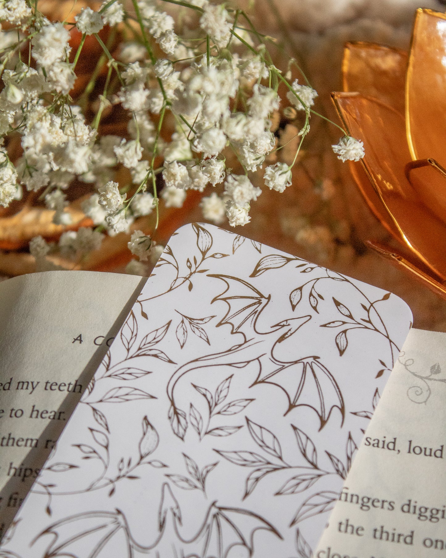 Gold Foil White Bookmark | Floral Dragons