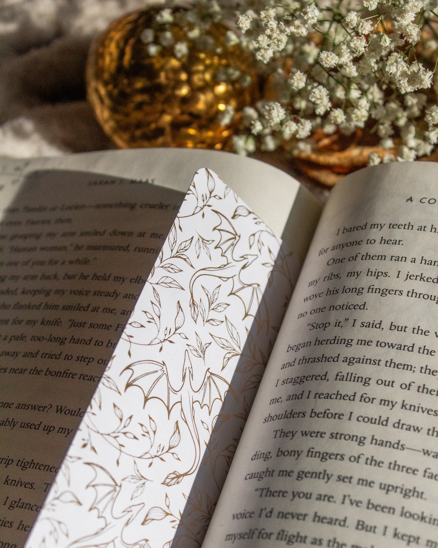 Gold Foil White Bookmark | Floral Dragons