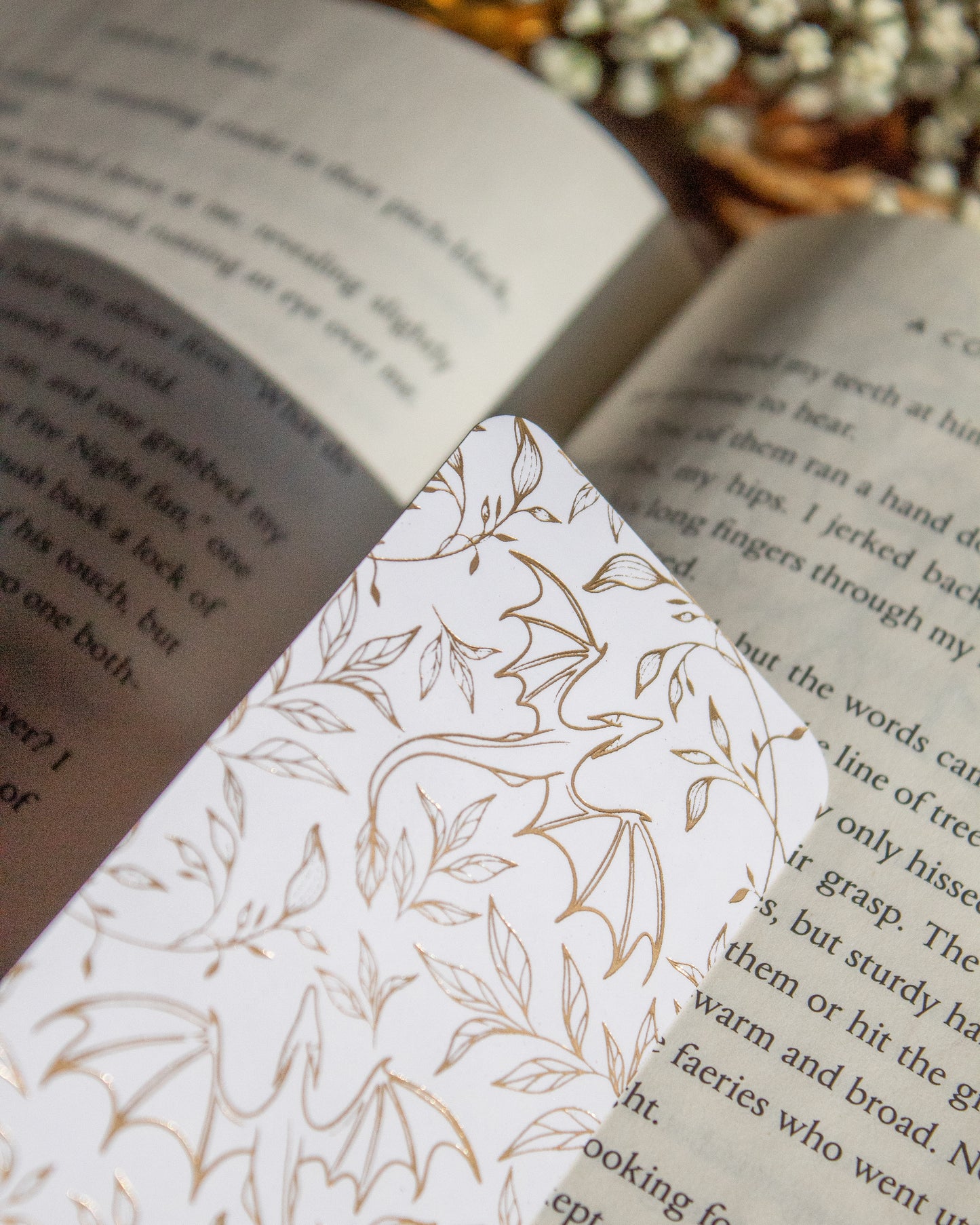 Gold Foil White Bookmark | Floral Dragons