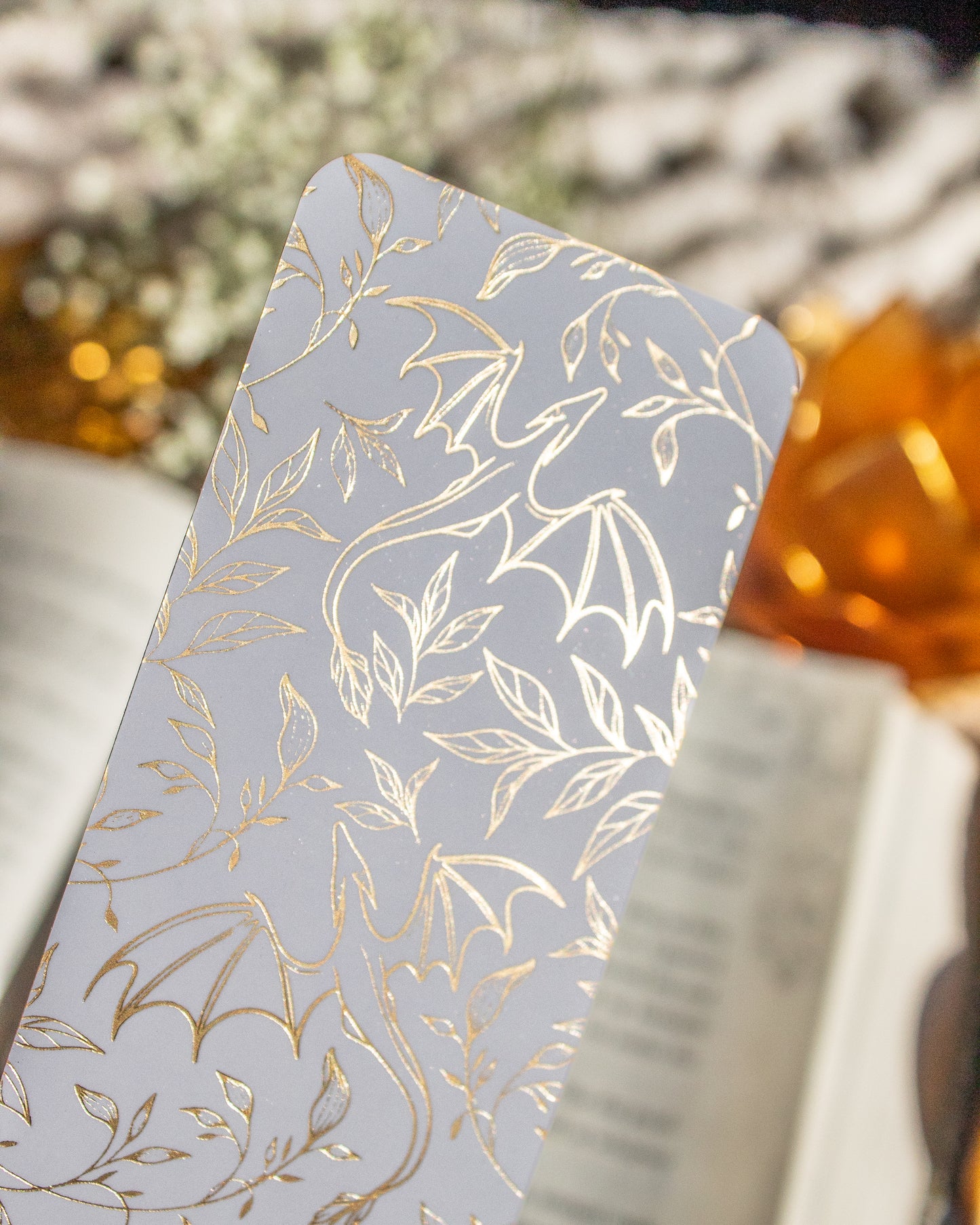 Gold Foil White Bookmark | Floral Dragons