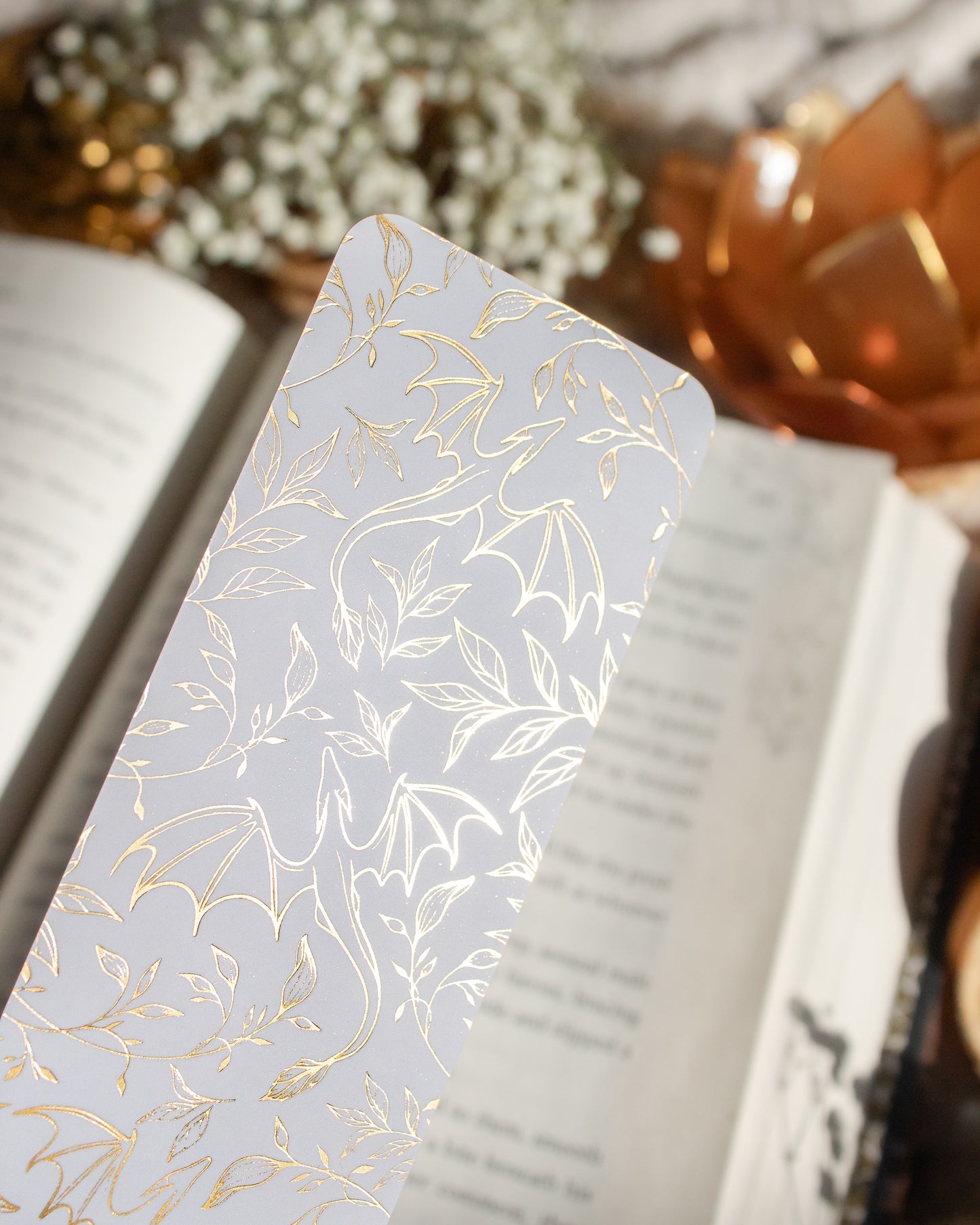 Gold Foil White Bookmark | Floral Dragons