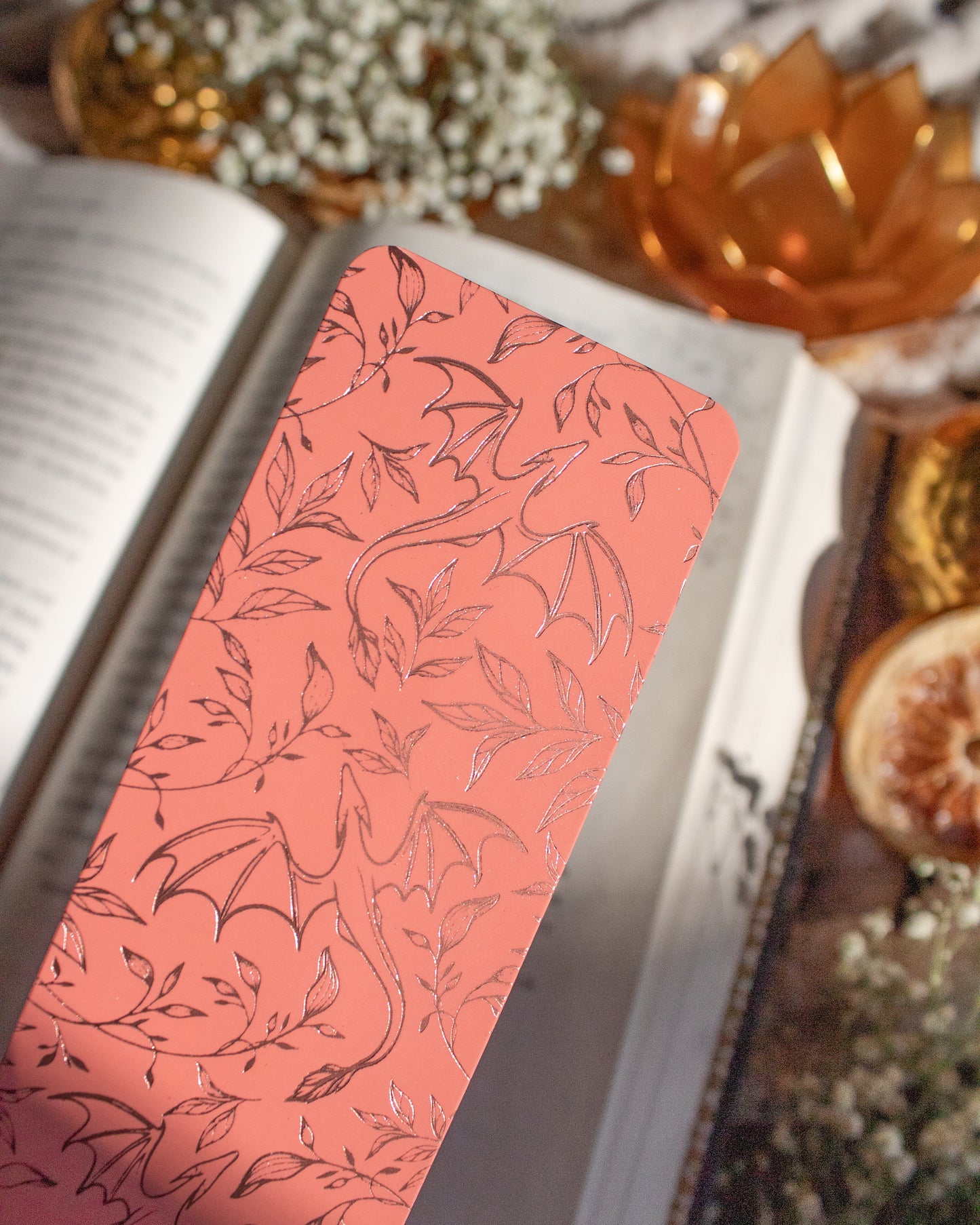 Rose Gold Foil Pink Bookmark | Floral Dragons