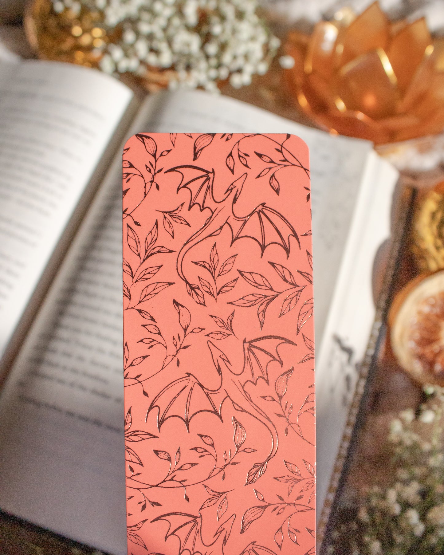 Rose Gold Foil Pink Bookmark | Floral Dragons