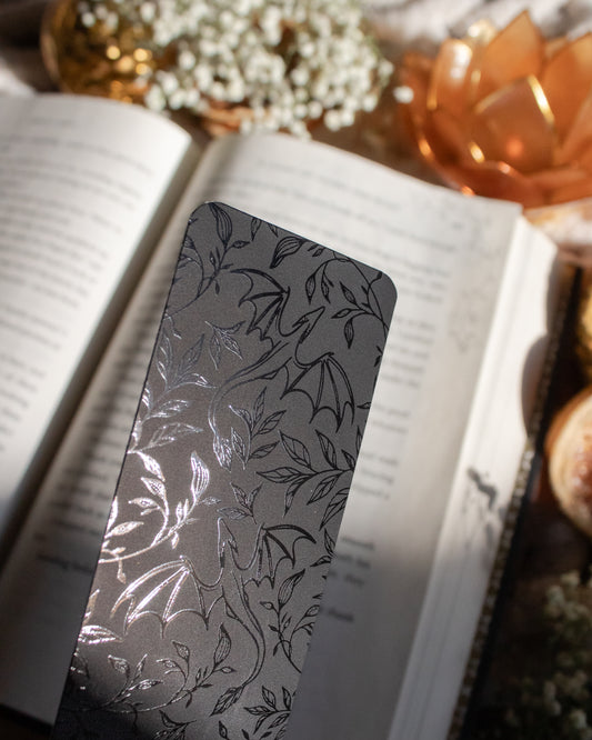 Black on Black UV Coated Bookmark | Floral Dragons