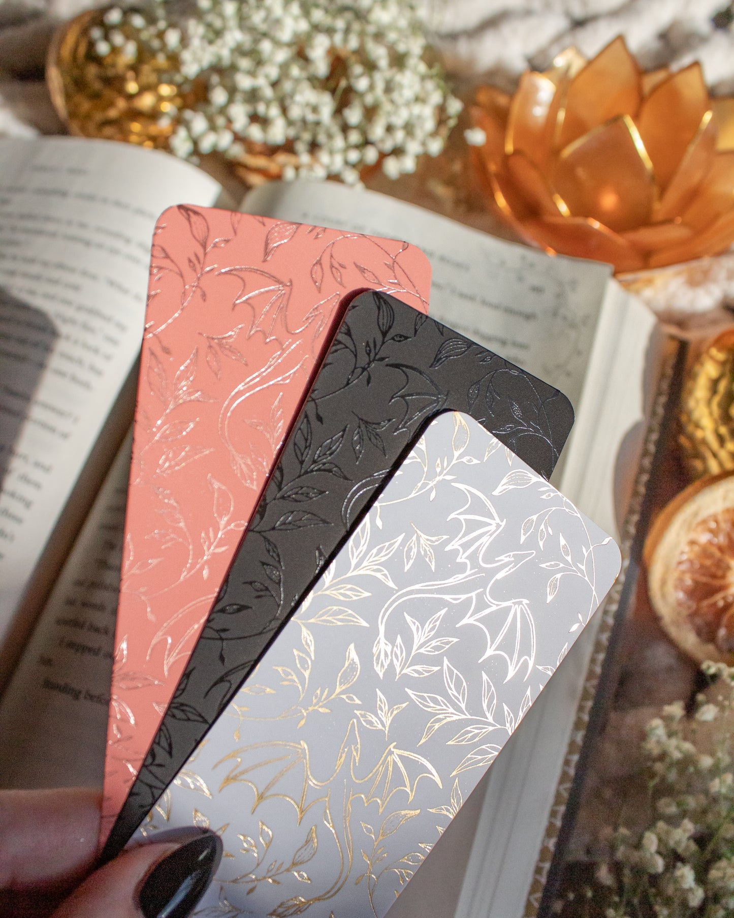 Gold Foil White Bookmark | Floral Dragons