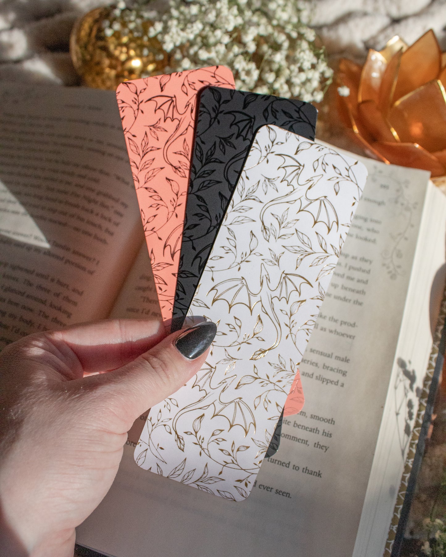 Black on Black UV Coated Bookmark | Floral Dragons