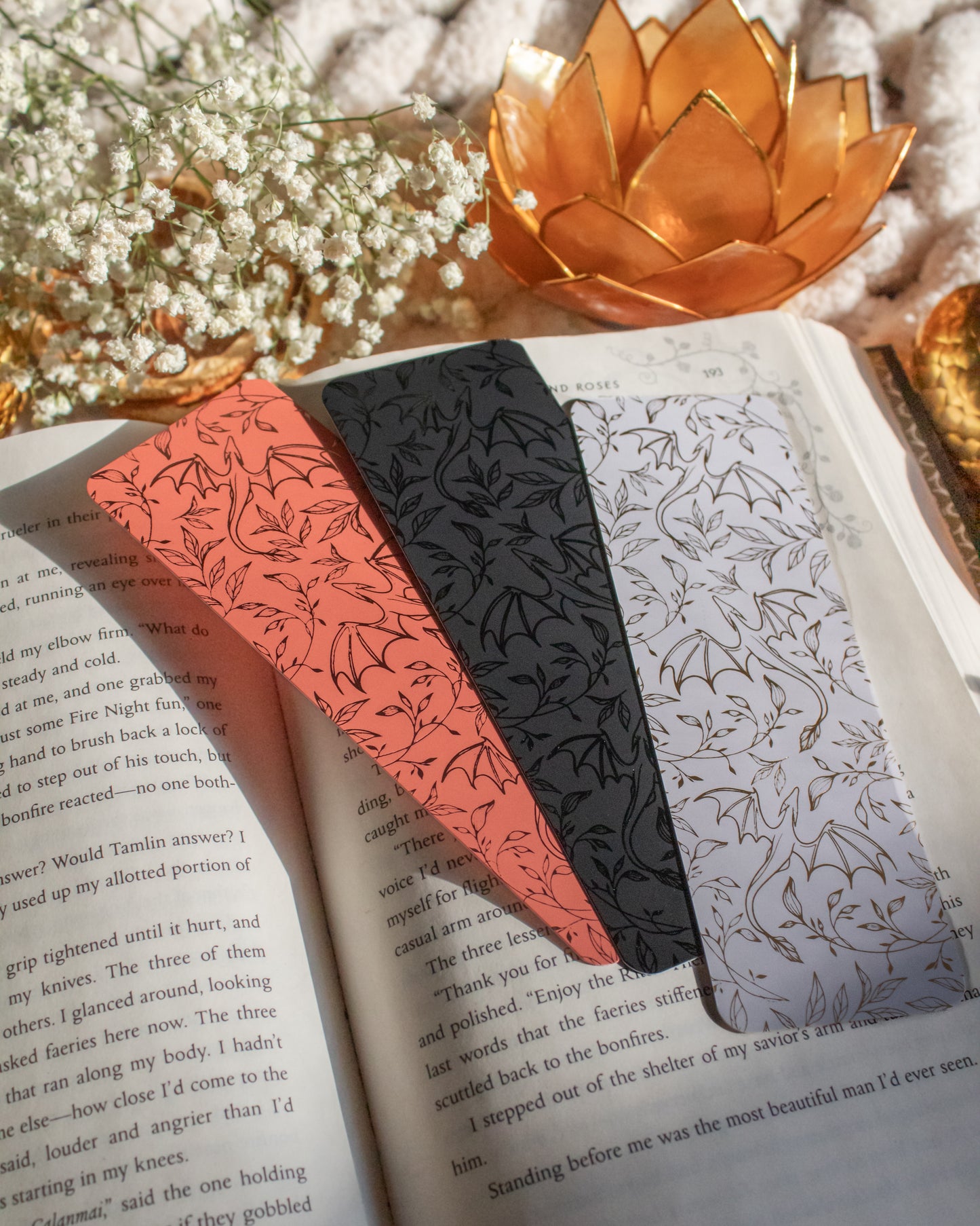 Black on Black UV Coated Bookmark | Floral Dragons