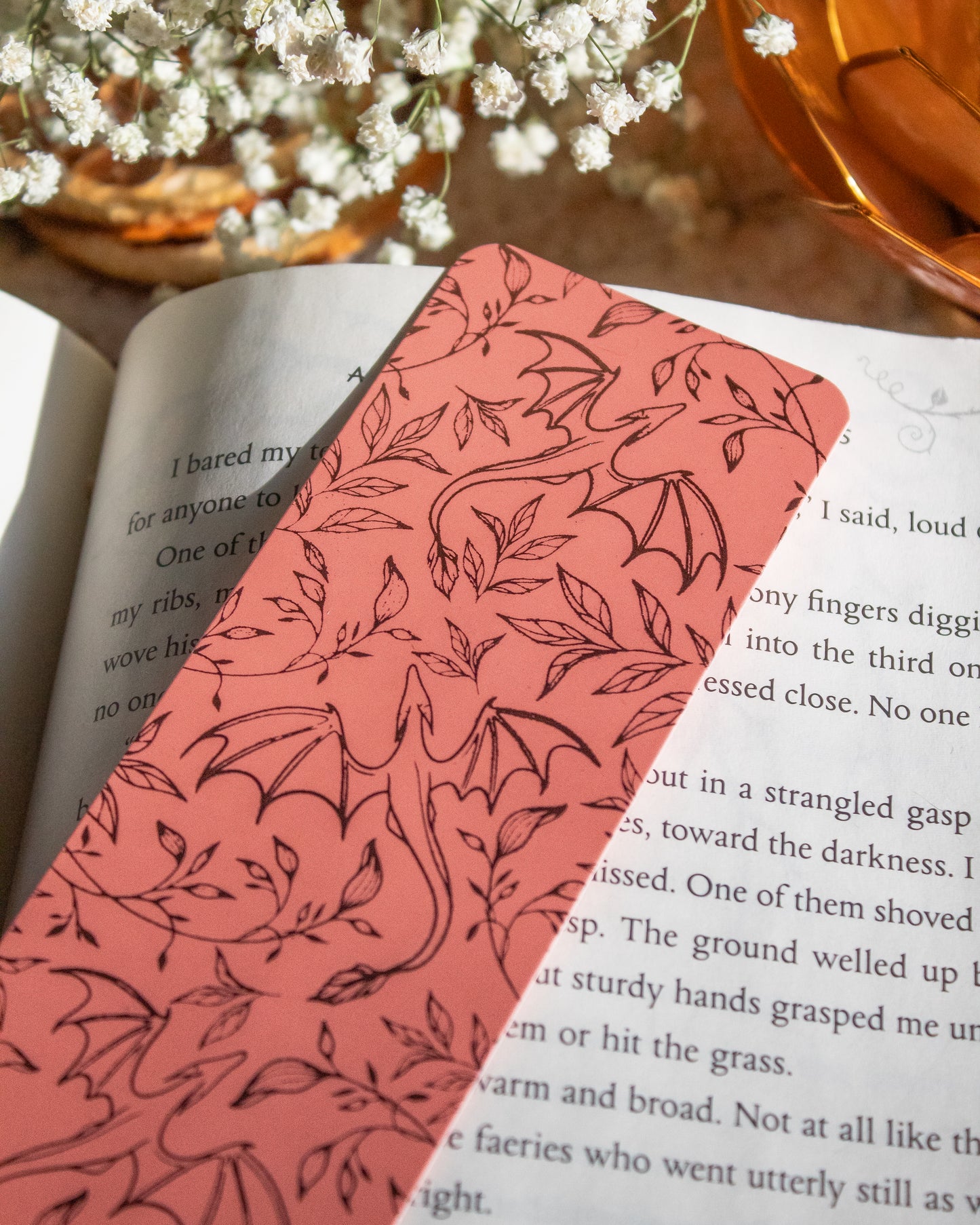 Rose Gold Foil Pink Bookmark | Floral Dragons