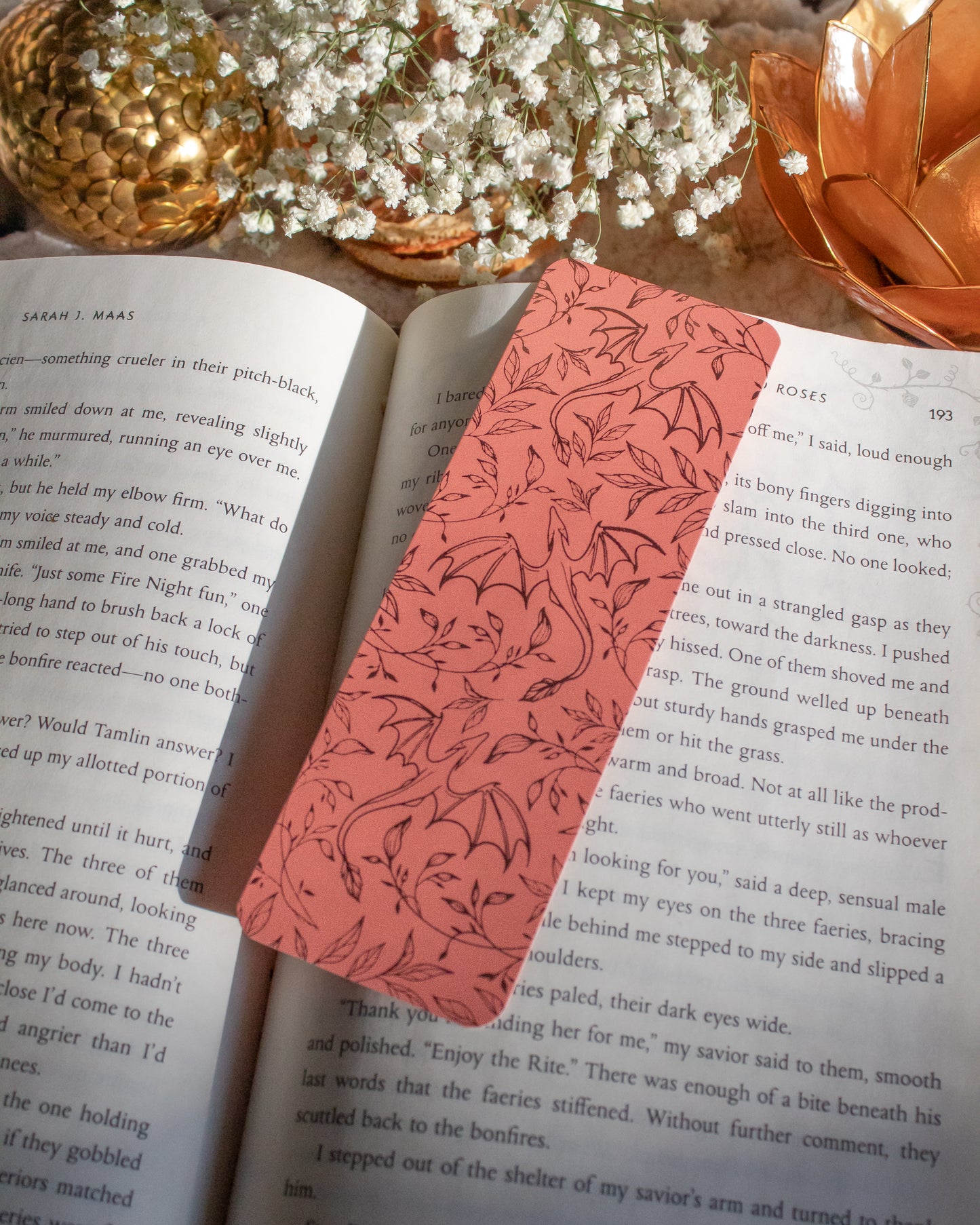 Rose Gold Foil Pink Bookmark | Floral Dragons