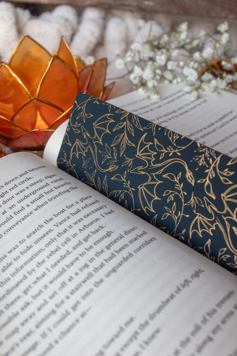 Gold Foil Deep Teal Bookmark | Floral Dragons