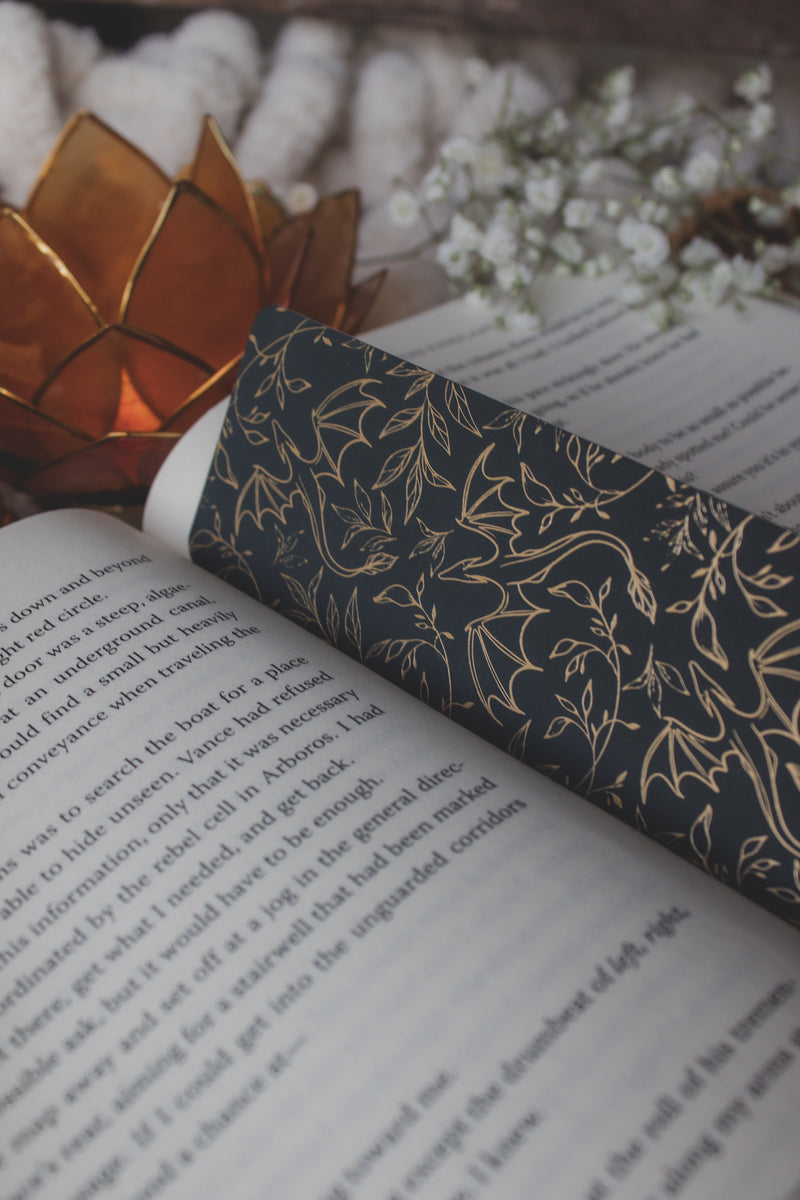 Gold Foil Deep Teal Bookmark | Floral Dragons