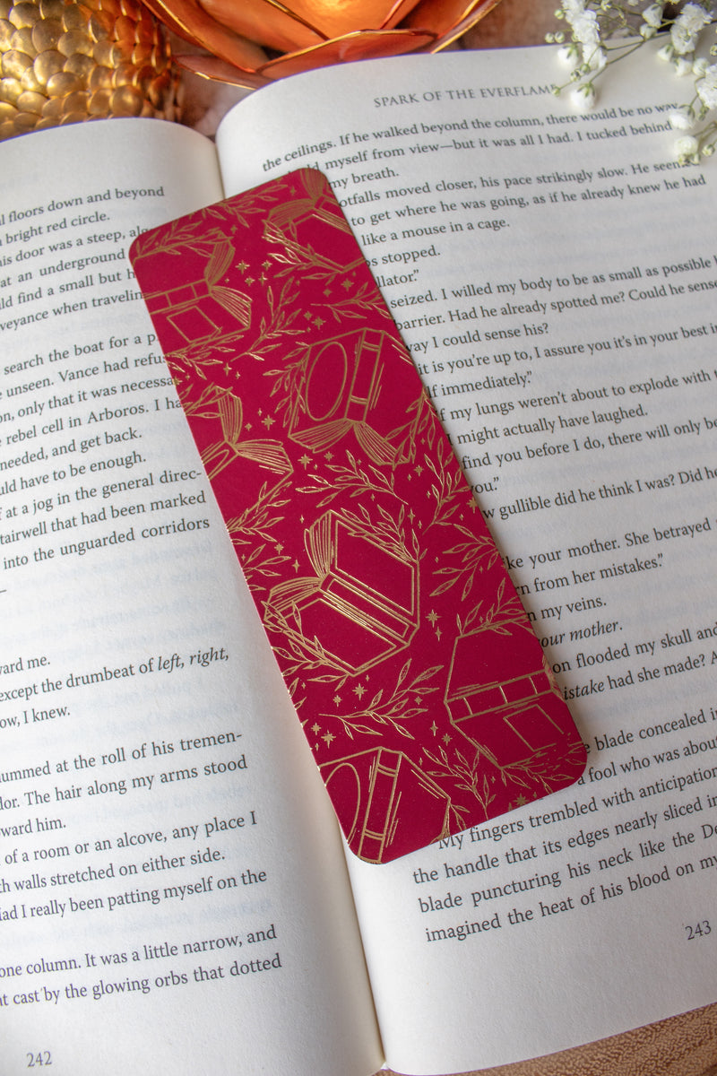 Gold Foil Crimson Bookmark | Floating Books