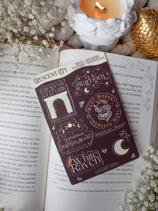 Maroon Crescent City Bookish Sticker Sheet | Waterproof Stickers | SJM | 6"x4"