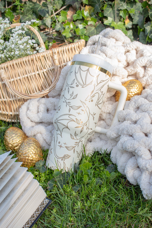 White and Gold Engraved Dragons 40oz Tumbler