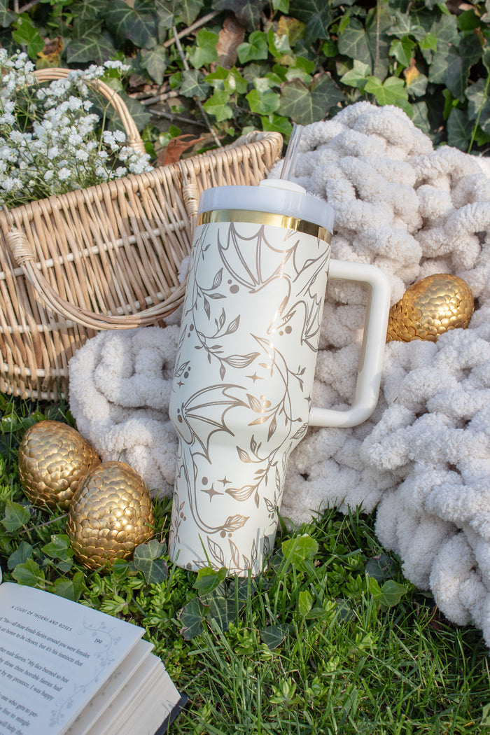 White and Gold Engraved Dragons 40oz Tumbler