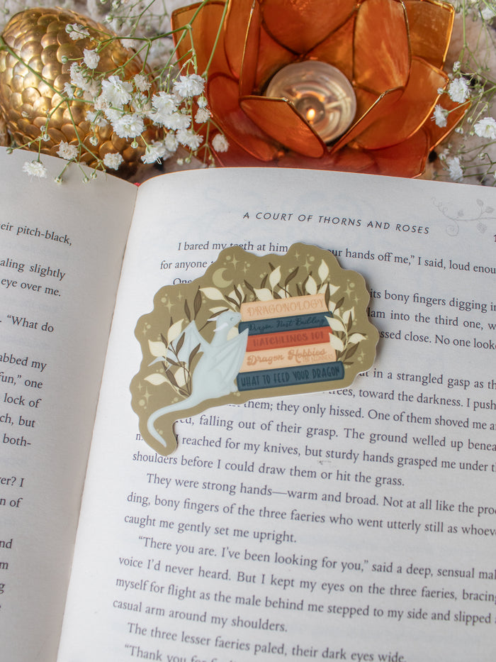 Littlest Book Dragon and Her Bookstack Waterproof Vinyl Sticker | 3" x2.5"