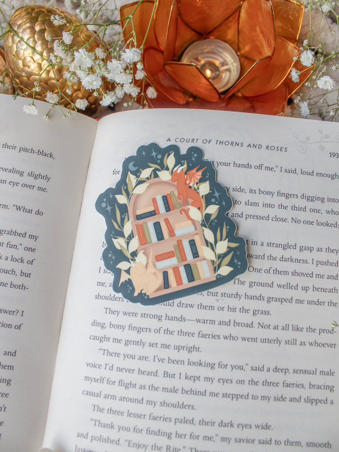 Arched Bookshelf Littlest Book Dragon Waterproof Vinyl Sticker | 3" x2.6"